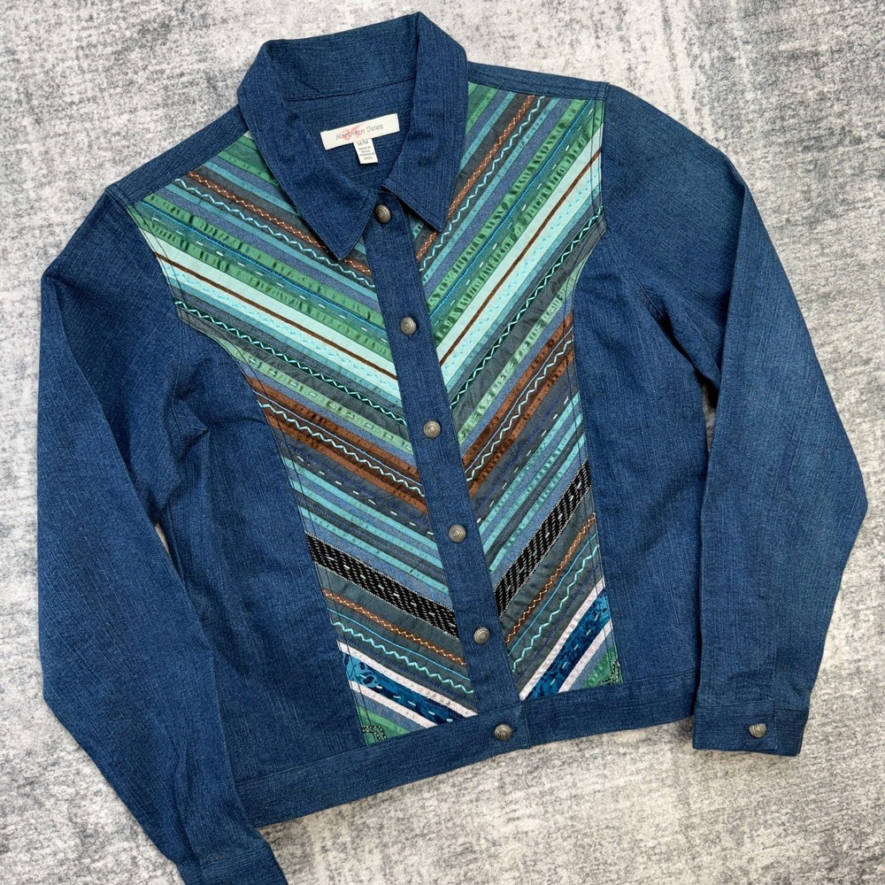 Womens Denim Jacket Sz Medium Embroidered Striped Boho Chic Southwestern Artsy